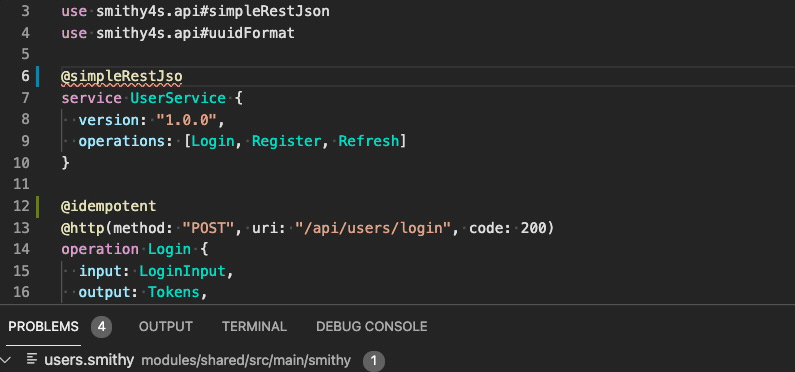 GIF showing editing and diagnostics in a Smithy file edited with VS code